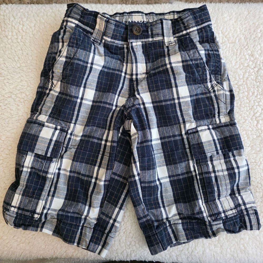 Lands' End Shorts Boy 6 Navy Blue Plaid Cargo Shorts Cotton Elastic Back Preppy